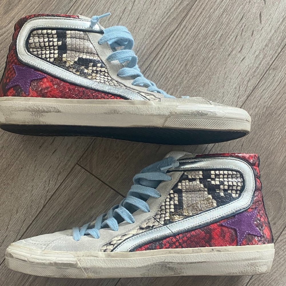 Golden Goose Mixed-Media Snake-Print High-Top Sneakers